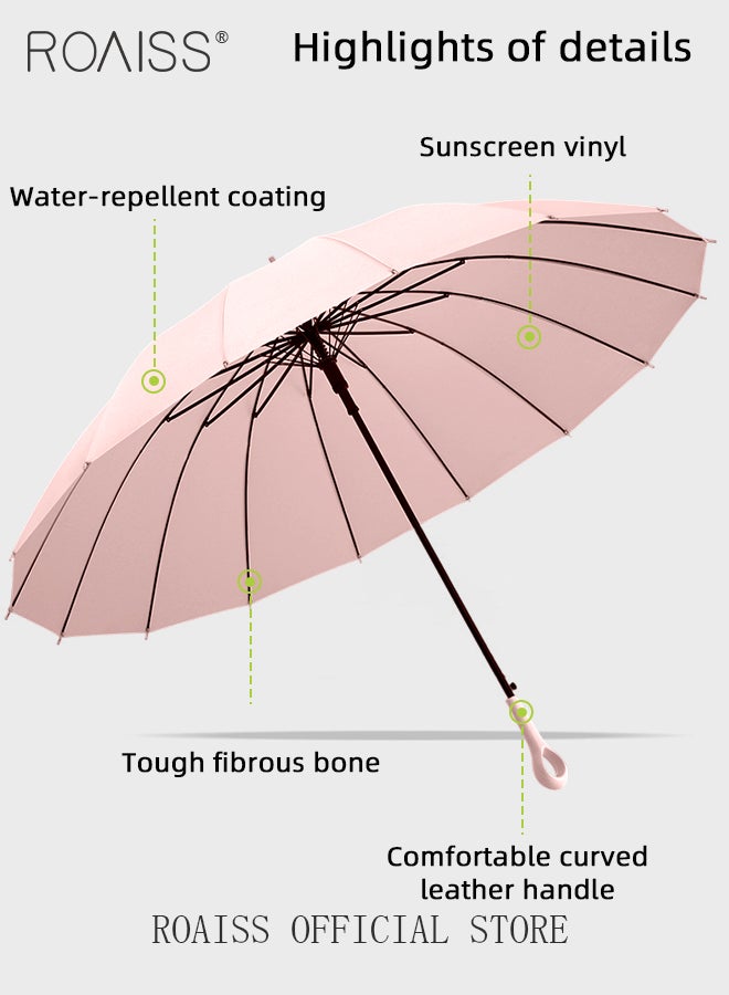 Multifunctional Long Handle 16 Rib Umbrella with Ring Handle for Unisex Fruit Color Waterproof Enlarged Automatic Umbrella with Reinforced Fiberglass Ribs for Effective Wind Rain and Sun Protection