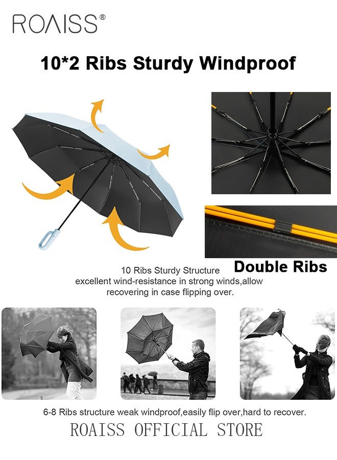 Unisex Multifunctional Automatic Umbrella with Thickened Coating for Cooling and Heat Insulation Dual Umbrella Ribs for Wind and Waterproof Circular Handle for Easy Carrying 10 Rib 3 Fold Design UPF50