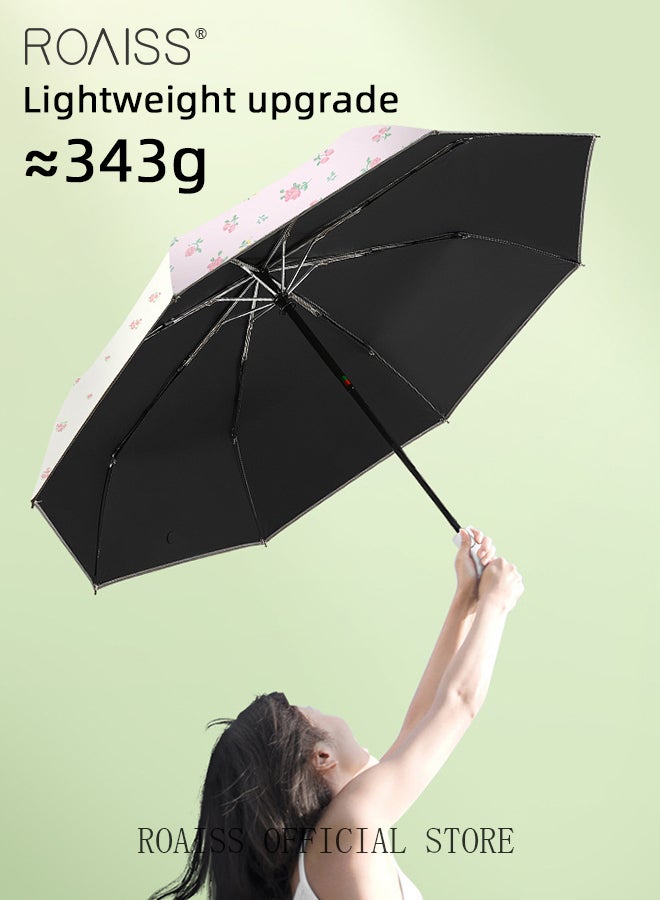 Pastoral Floral Cake Fully Automatic Umbrella for Women 8 Rib Lightweight Dual Purpose Umbrella 49.2 Inch Girls Compact Portable 3 Fold Umbrella Effectively Blocks Sunlight UPF50+