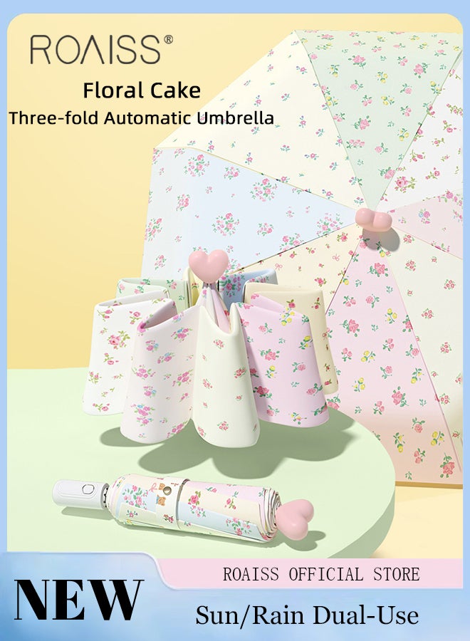 Pastoral Floral Cake Fully Automatic Umbrella for Women 8 Rib Lightweight Dual Purpose Umbrella 49.2 Inch Girls Compact Portable 3 Fold Umbrella Effectively Blocks Sunlight UPF50+