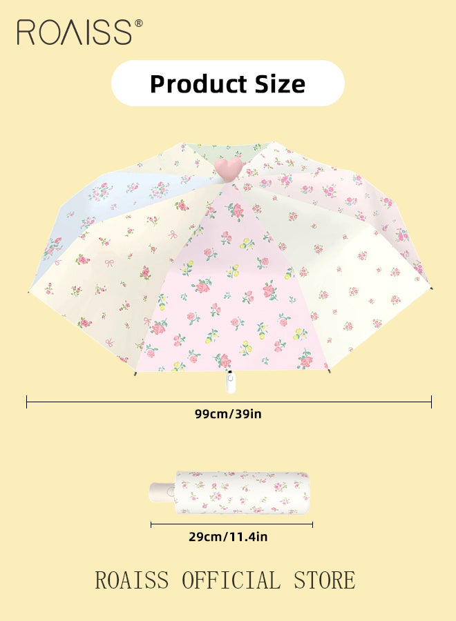 Pastoral Floral Cake Fully Automatic Umbrella for Women 8 Rib Lightweight Dual Purpose Umbrella 49.2 Inch Girls Compact Portable 3 Fold Umbrella Effectively Blocks Sunlight UPF50+