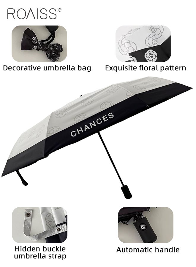 Camelia Pattern Fully Automatic Umbrella for Women 8 Rib Lightweight Dual Purpose Umbrella Ladies Compact Portable 3 Fold Umbrella Effectively Blocks Sunlight UPF50+