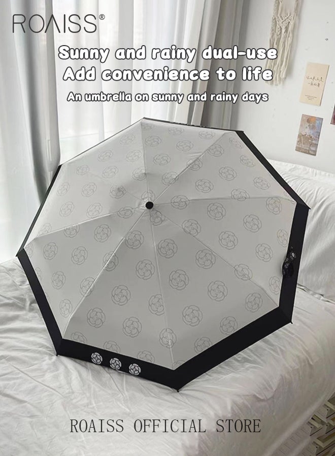 Camelia Pattern Fully Automatic Umbrella for Women 8 Rib Lightweight Dual Purpose Umbrella Ladies Compact Portable 3 Fold Umbrella Effectively Blocks Sunlight UPF50+