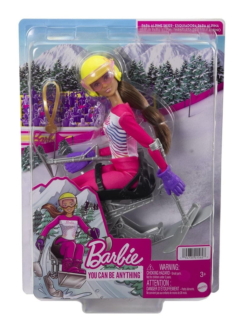 Barbie Winter Sports para Alpine Skier Brunette Doll (12 in) with Shirt, Pants, Helmet, Gloves, Pole, Sit Ski & Trophy, Great Gift for Ages 3 and Up
