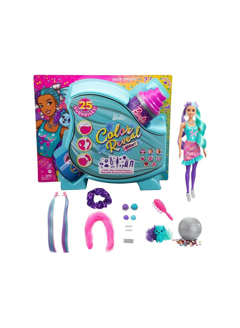 Barbie Color Reveal Doll, Glittery Purple with 25 Hairstyling & Party-Themed Surprises Including 10 Plug-in Hair Pieces