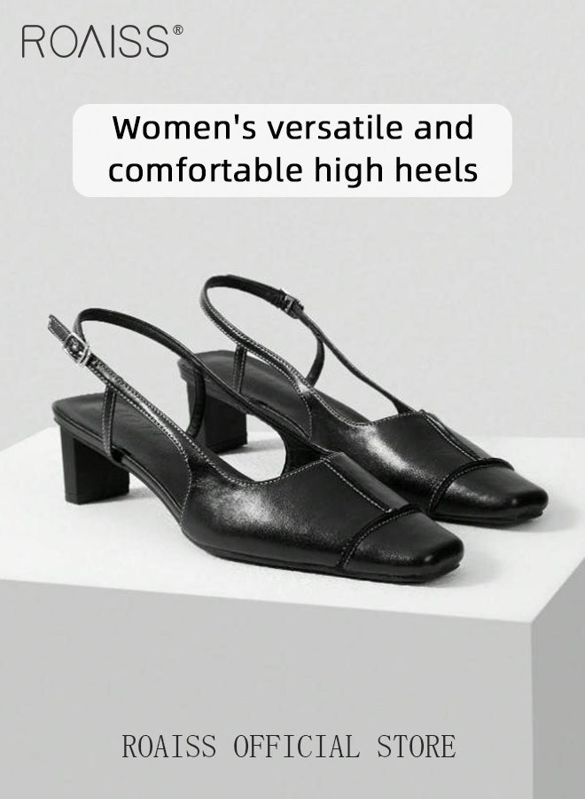 Premium Comfortable Slingback Pumps for Women Square Toe Mid Heel Sandals with Buckle Ladies Retro Elegant Chunky Heel Leather Hollow Back Sandals for Office or Vacation