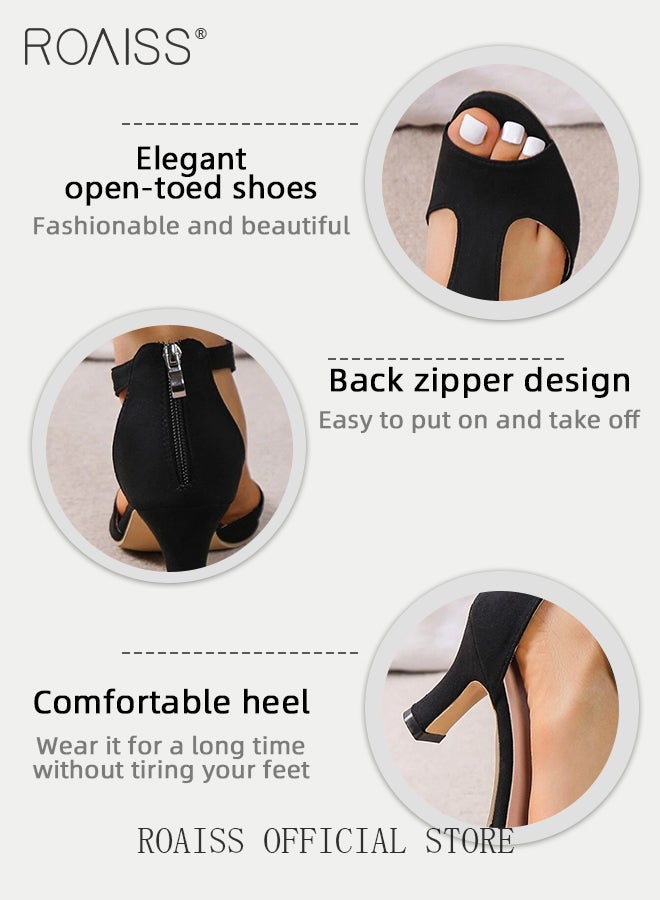 Elegant Sandals Boots for Women Hollow out Design Faux Suede Chunky Heeled Boots Ladies Open Toe Comfortable Peep Heels with Stylish Ankle T-Strap Design