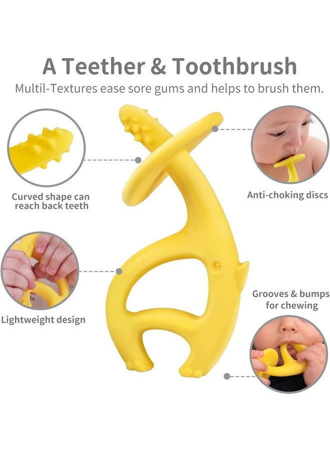 Baby Teething Toys For 3-6-9-12 Months With Strap To Clip, Mombella Dancing Elephant Silicone Teether & Toothbrush For Teeth Beginning & Eruption Period, Relieve Itch, Clean Tongue & Gum, Yellow