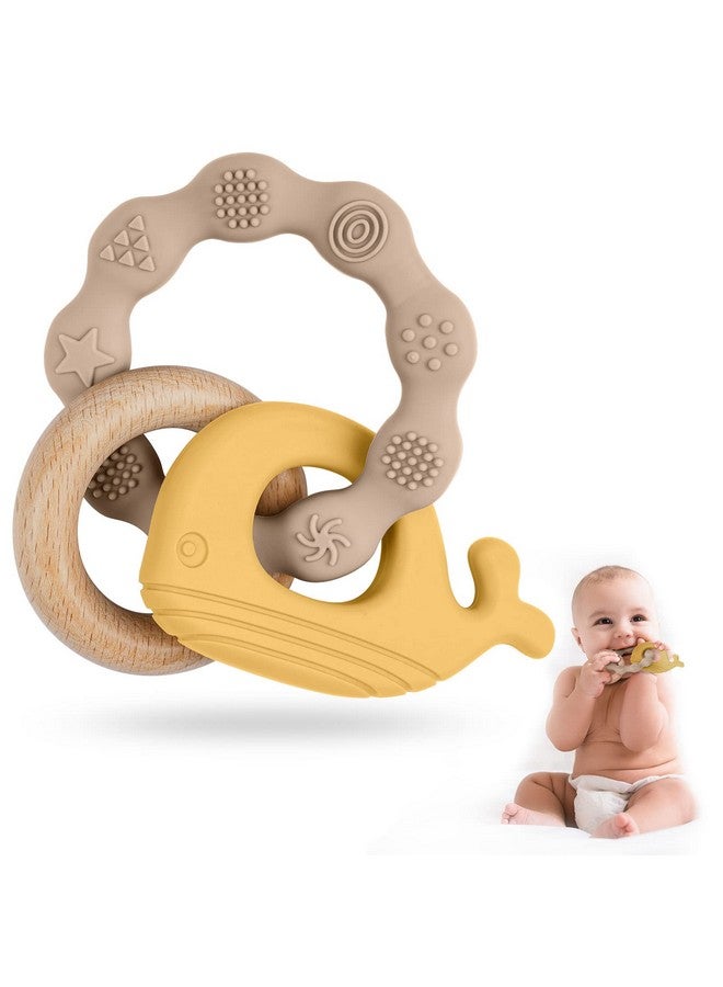 Baby Teether Toys, Silicone & Natural Wood Teether Ring, Baby Teething Toys For Babies 0 Months+, Silicone Chewable Rings For Newborn Gift（Yellow）