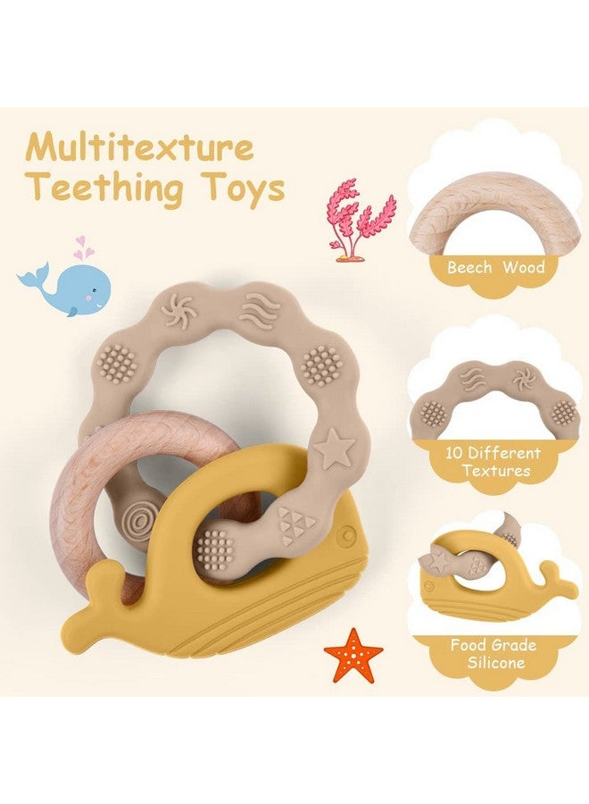 Baby Teether Toys, Silicone & Natural Wood Teether Ring, Baby Teething Toys For Babies 0 Months+, Silicone Chewable Rings For Newborn Gift（Yellow）