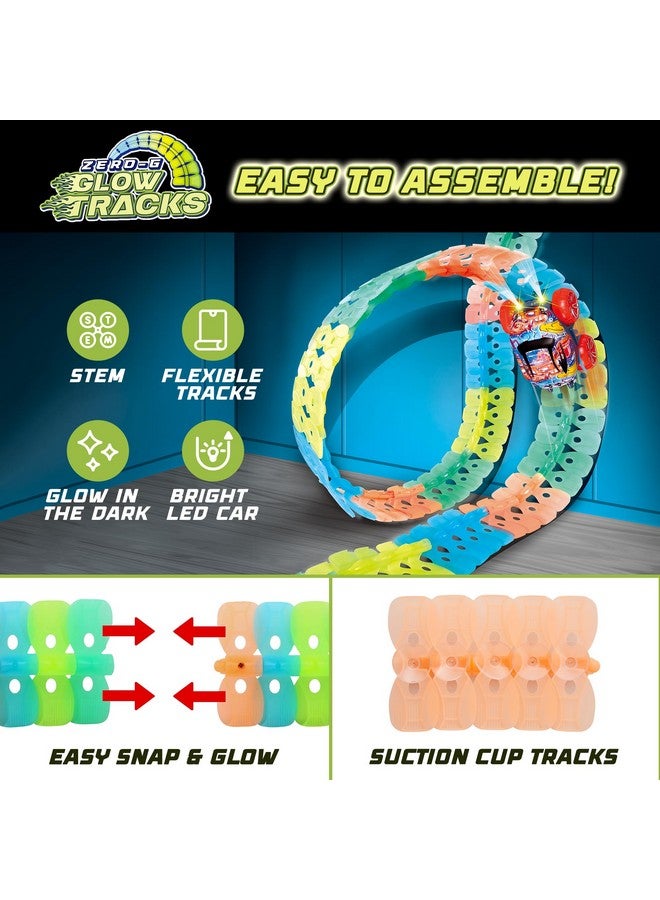 Zero-G Glow Race Track For Kids- 105Pcs Glow In The Dark Flexible Race Car Track Set With Suction Cups, Slot Car, 2 Graffiti Toy Cars Shells, Stem Toy Led Car Tracks For Boys And Girls Age 3+