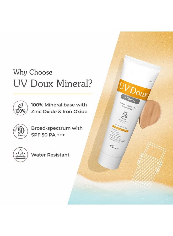 Uv Doux Spf 50 Pa+++ Mineral Based Sunscreen Gel With No White Cast Clinically Tested Sunscreen With Zinc Oxide Tinted & Water Resistant Uvauvb Protection For Menwomen & Children 50G