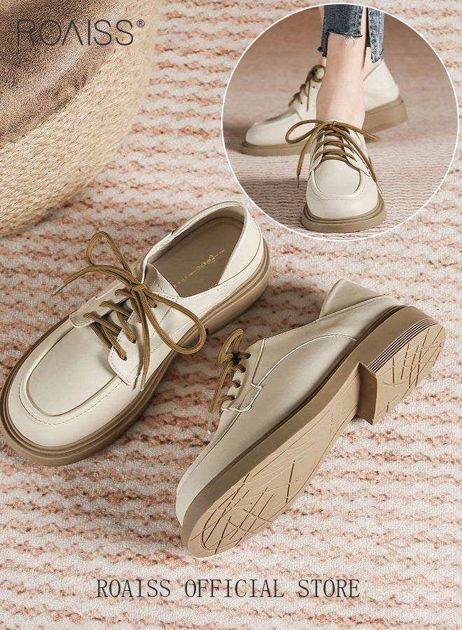 Lace Up Leather Work Shoes for Women Fashionable and Versatile Round Toe Flat Shoes Chunky Sole Non Slip Classic Platform Loafers with Soft Sole College Style Leather Shoes