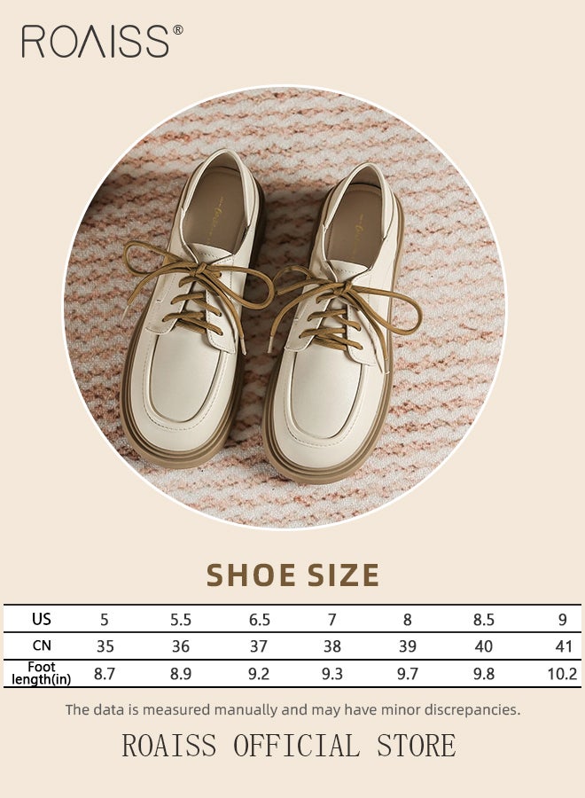 Lace Up Leather Work Shoes for Women Fashionable and Versatile Round Toe Flat Shoes Chunky Sole Non Slip Classic Platform Loafers with Soft Sole College Style Leather Shoes