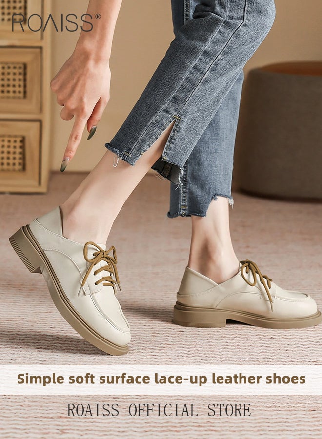 Lace Up Leather Work Shoes for Women Fashionable and Versatile Round Toe Flat Shoes Chunky Sole Non Slip Classic Platform Loafers with Soft Sole College Style Leather Shoes