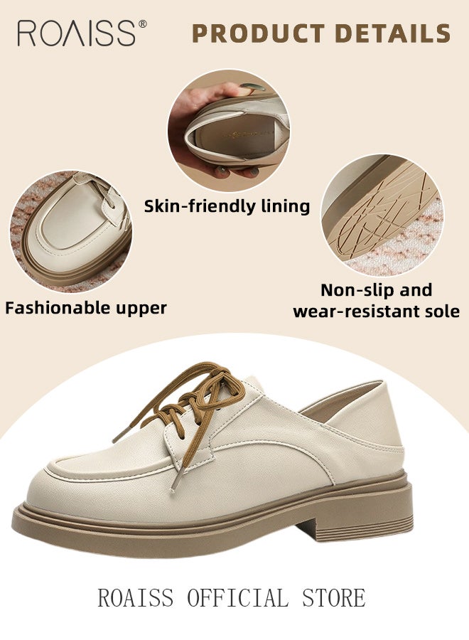 Lace Up Leather Work Shoes for Women Fashionable and Versatile Round Toe Flat Shoes Chunky Sole Non Slip Classic Platform Loafers with Soft Sole College Style Leather Shoes