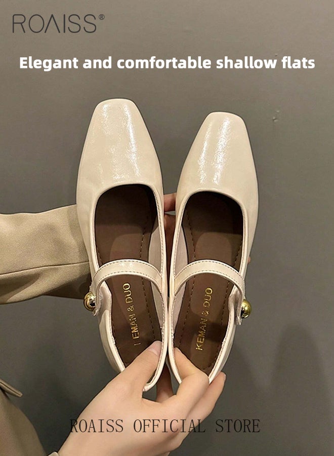 Retro Style Square Toe Mary Jane Shoes for Women Comfortable Soft Sole Solid Formal Evening Shoes Ladies Slip On Closed Toe Leather Flat Shoes with Buckle Straps