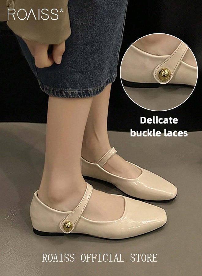 Retro Style Square Toe Mary Jane Shoes for Women Comfortable Soft Sole Solid Formal Evening Shoes Ladies Slip On Closed Toe Leather Flat Shoes with Buckle Straps