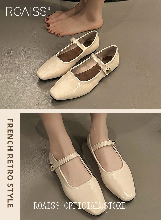 Retro Style Square Toe Mary Jane Shoes for Women Comfortable Soft Sole Solid Formal Evening Shoes Ladies Slip On Closed Toe Leather Flat Shoes with Buckle Straps