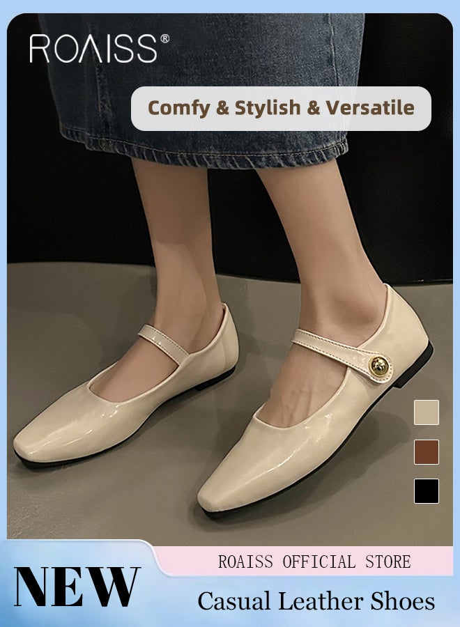 Retro Style Square Toe Mary Jane Shoes for Women Comfortable Soft Sole Solid Formal Evening Shoes Ladies Slip On Closed Toe Leather Flat Shoes with Buckle Straps