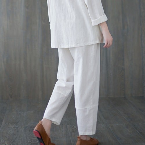 Cotton Linen Chinese Style Tang Suit SetWhite (pants) White (pants)