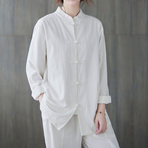 Cotton Linen Chinese Style Tang Suit Set9060 White Top-Long Sleeve 9060 White Top-Long Sleeve