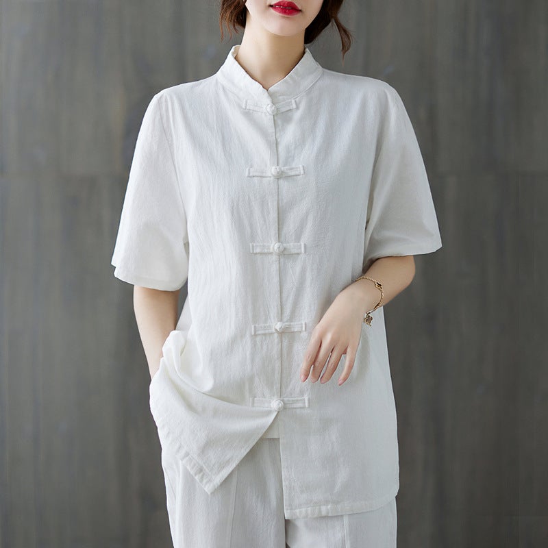 Cotton Linen Chinese Style Tang Suit Set9066 white top-short sleeve 9066 white top-short sleeve