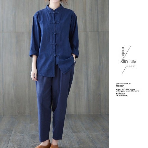 Cotton Linen Chinese Style Tang Suit Set9060 navy blue long sleeve [suit]] 9060 navy blue long sleeve [suit]]