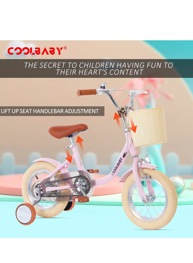 COOLBABY Princess children's bicycles are suitable for children aged 2-5. Children's bicycles with adjustable height with storage baskets and auxiliary wheels are the best gifts for children.Pink