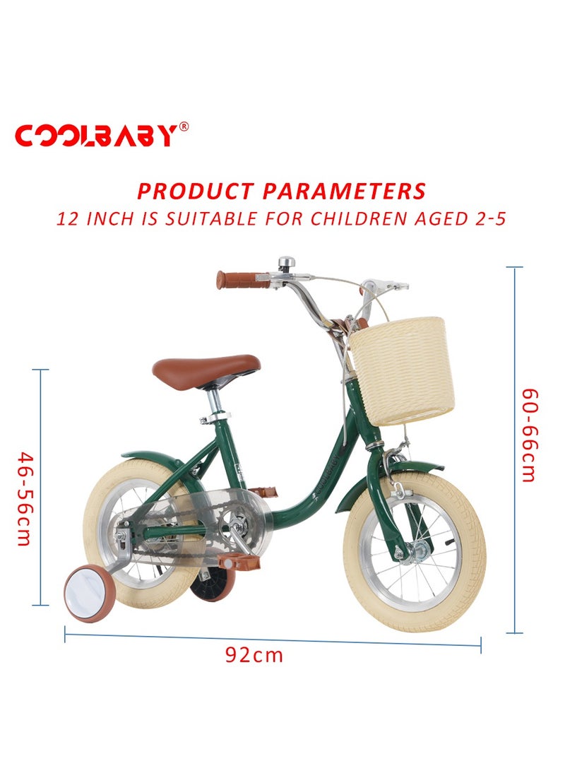 COOLBABY Princess children's bicycles are suitable for children aged 2-5. Children's bicycles with adjustable height with storage baskets and auxiliary wheels are the best gifts for children.Green