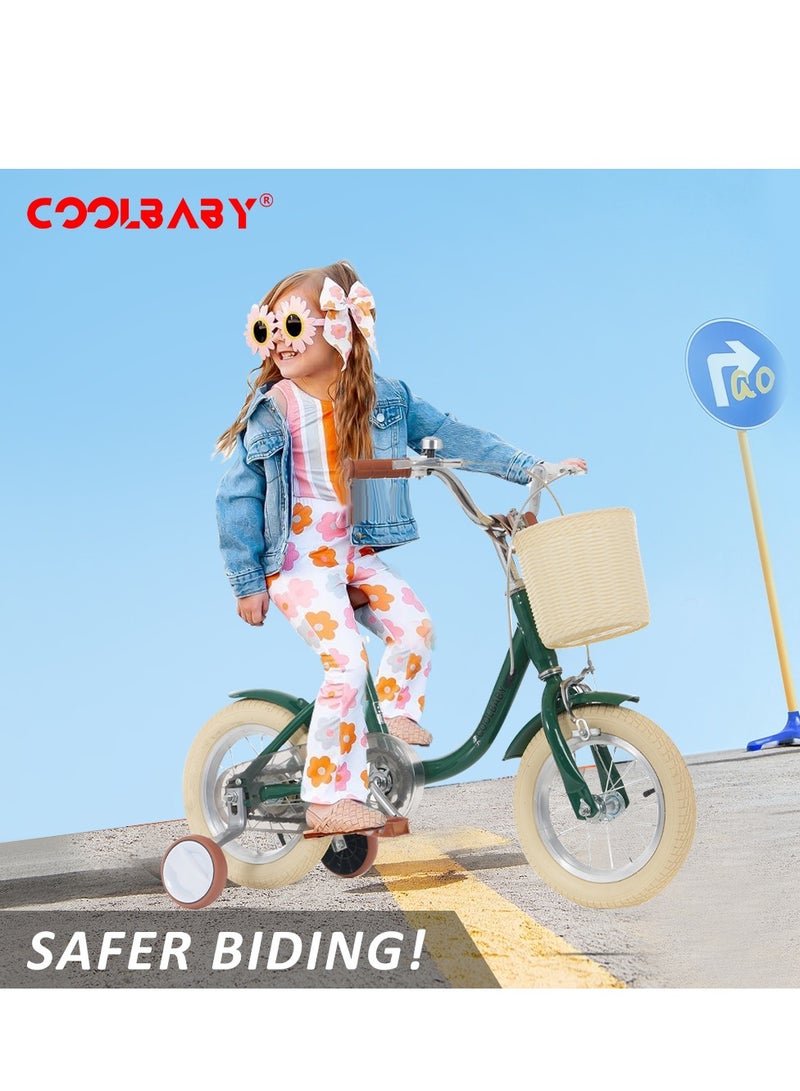 COOLBABY Princess children's bicycles are suitable for children aged 2-5. Children's bicycles with adjustable height with storage baskets and auxiliary wheels are the best gifts for children.Green