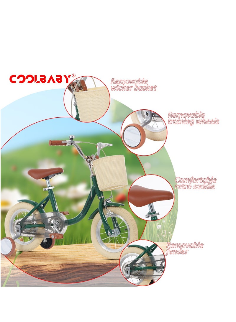 COOLBABY Princess children's bicycles are suitable for children aged 2-5. Children's bicycles with adjustable height with storage baskets and auxiliary wheels are the best gifts for children.Green