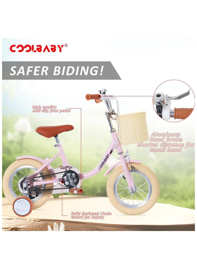 COOLBABY Children's Bicycles are Suitable for Children Aged 2-5.  Kids Bike with Adjustable Height with Storage Baskets and Auxiliary Wheels