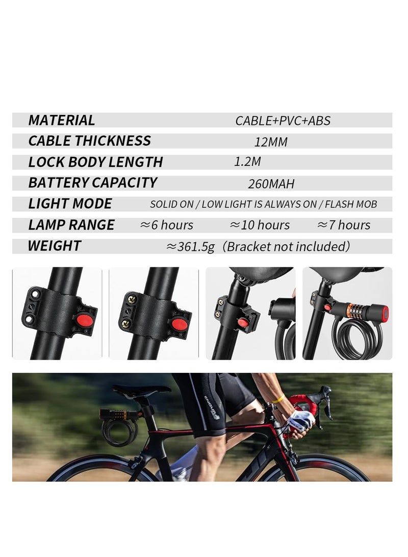 Integrated Rear Bike Light with 4ft Digital Combination Lock Cable, High Security PVC Material, Includes Mounting Bracket for Bicycles, Motorcycles, and Scooters (Black, 1 Pack)