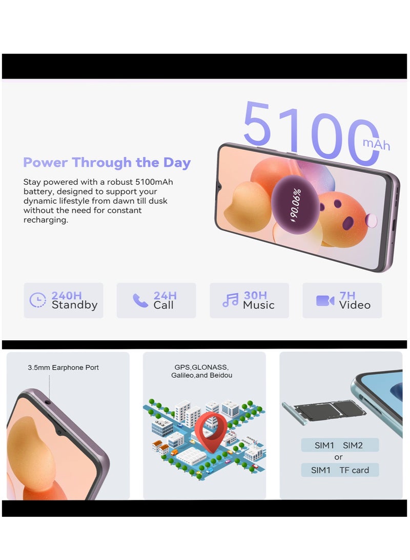 A10 Smartphone Mobile 6.56-Inch HD+IPS Display Android 14 Octa-core Processor 4GB RAM 128GB ROM 5100mAh Battery 48MP+16MP Camera Wi-Fi Dual SIM Network Black