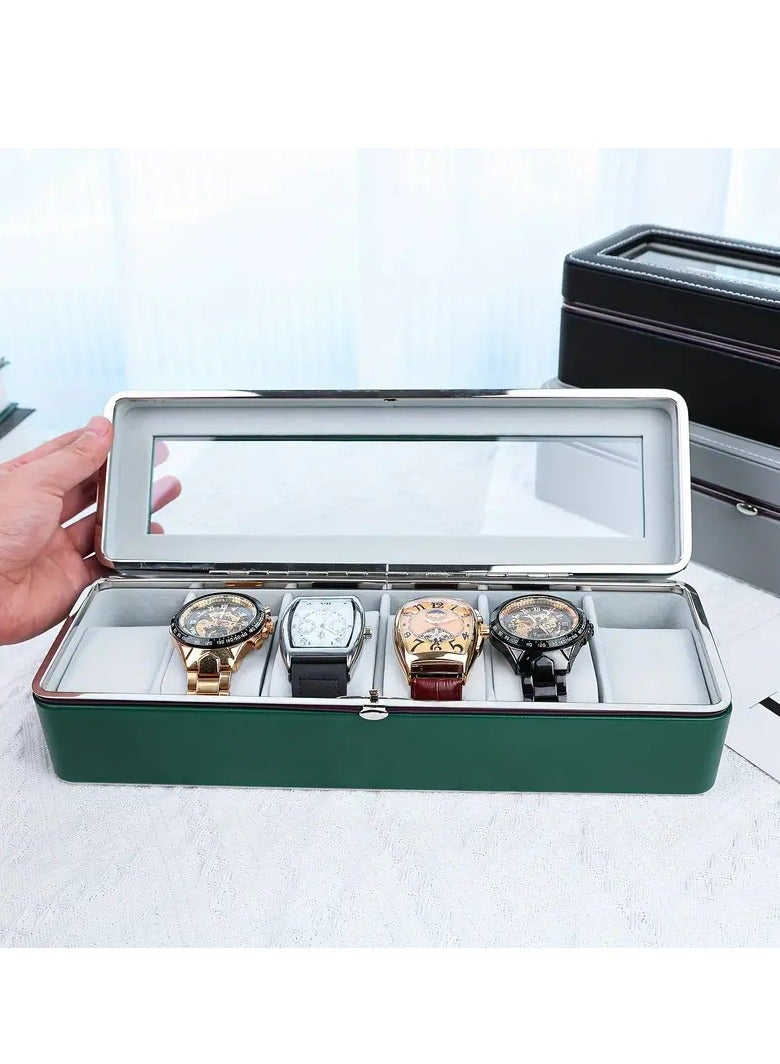 Green Leather Watch Case 1pc 6 Slot Large Capacity All-metal Watch Storage Box, Transparent Watch Display Box, Dust-proof Watch Box