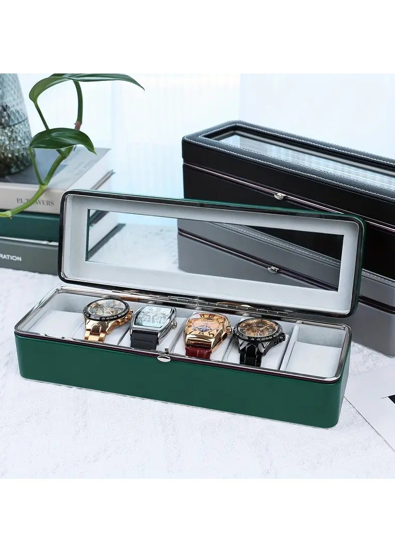 Green Leather Watch Case 1pc 6 Slot Large Capacity All-metal Watch Storage Box, Transparent Watch Display Box, Dust-proof Watch Box