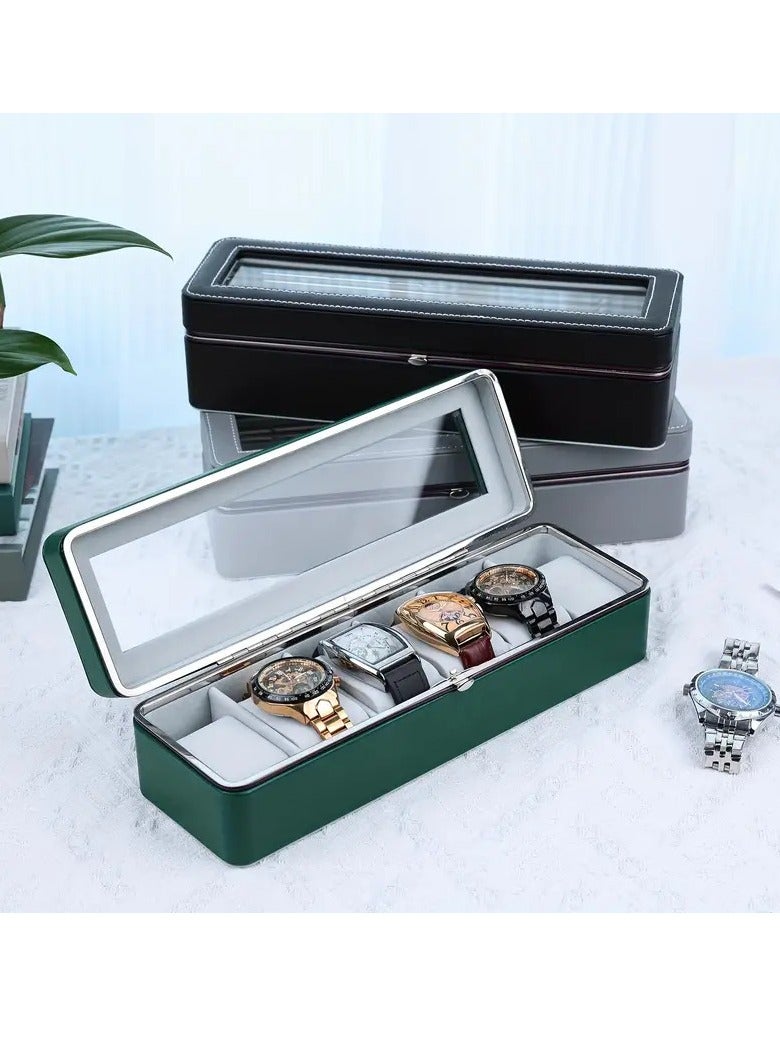 Green Leather Watch Case 1pc 6 Slot Large Capacity All-metal Watch Storage Box, Transparent Watch Display Box, Dust-proof Watch Box