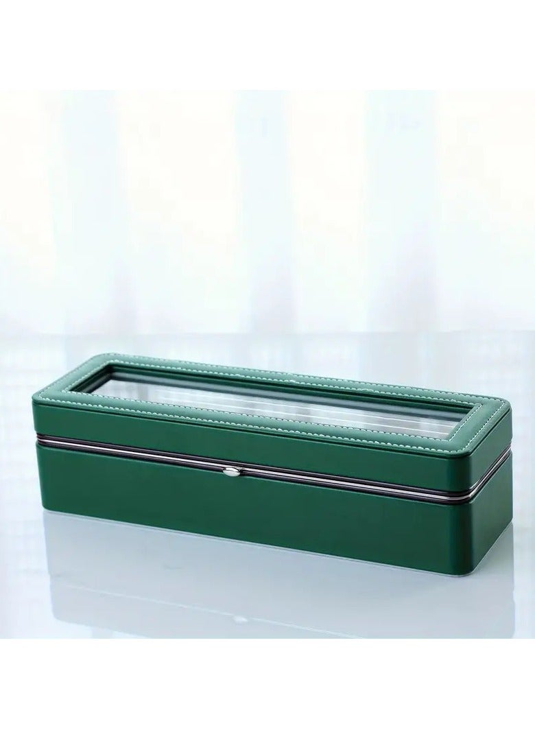 Green Leather Watch Case 1pc 6 Slot Large Capacity All-metal Watch Storage Box, Transparent Watch Display Box, Dust-proof Watch Box