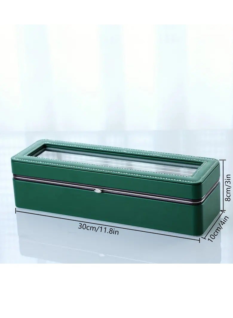 Green Leather Watch Case 1pc 6 Slot Large Capacity All-metal Watch Storage Box, Transparent Watch Display Box, Dust-proof Watch Box