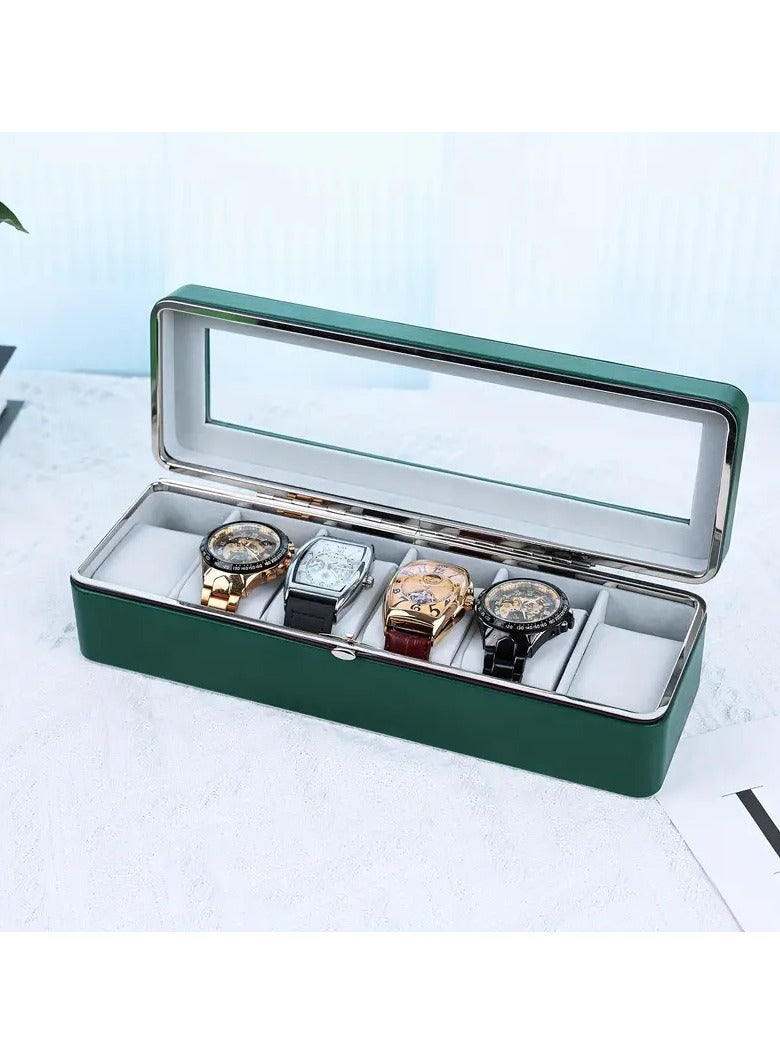 Green Leather Watch Case 1pc 6 Slot Large Capacity All-metal Watch Storage Box, Transparent Watch Display Box, Dust-proof Watch Box