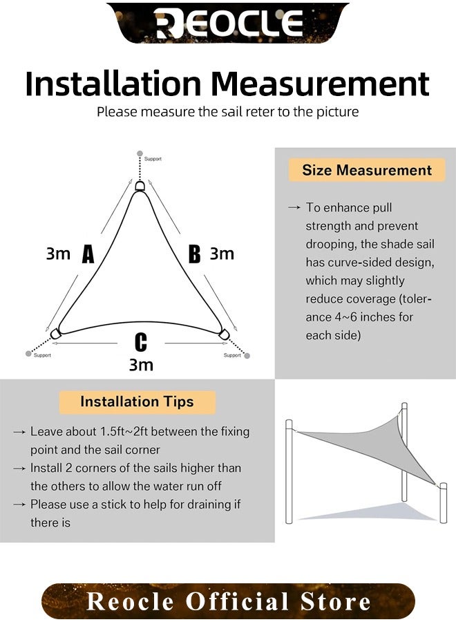 Sun Shade Sail 9.8×9.8×9.8FT Triangle Canopy Light Grey Outdoor UV Sun Shade Sail Heavy Duty UV Protection Beach Shade Canopy Wind Sail for Patio & Backyard & Garden & Lawn