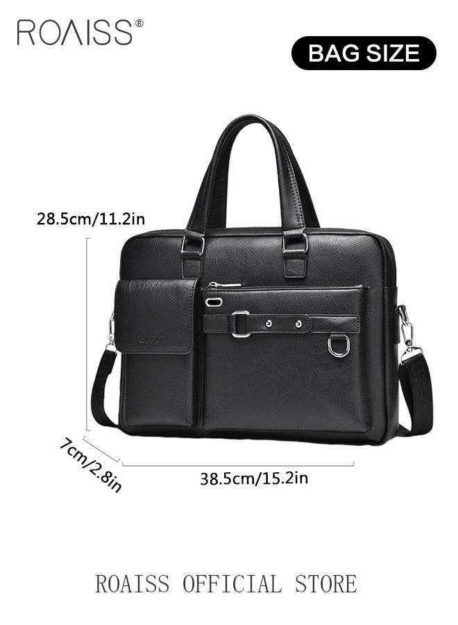 PU Leather Business Shoulder Bag for Men Smooth Zipper Adjustable Strap Waterproof Large Capacity Crossbody Bag Mens Fashion Commuting Premium Textures Handbag Includes Computer Compartment