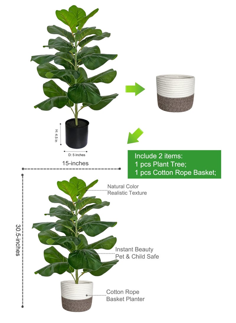 Artificial Fiddle Leaf Fig Tree/Faux Ficus Lyrata for Home Office Decoration, 78CM Tall, with Cotton Rope Basket