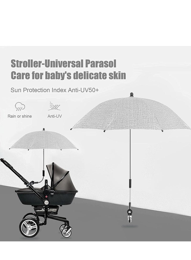 Baby Stroller Parasol, 75 cm Sunshade with Clip Universal Stroller UV Protection Umbrella 50+ Adjustable 360 Degree Waterproof Umbrella for Strollers, Strollers, Wheelchairs, Beach Chair - Gray