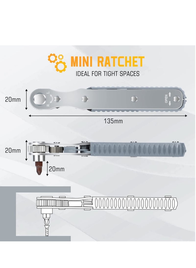 SYOSI 1/4-Inch Drive Mini Ratchet Screwdriver Set, 90 Degree Offset Screwdriver High Torque Low Profile Ratchet Angled Screwdriver High TorqueRight Angle EDC Tool with 4 Multifunctional Drill Bits