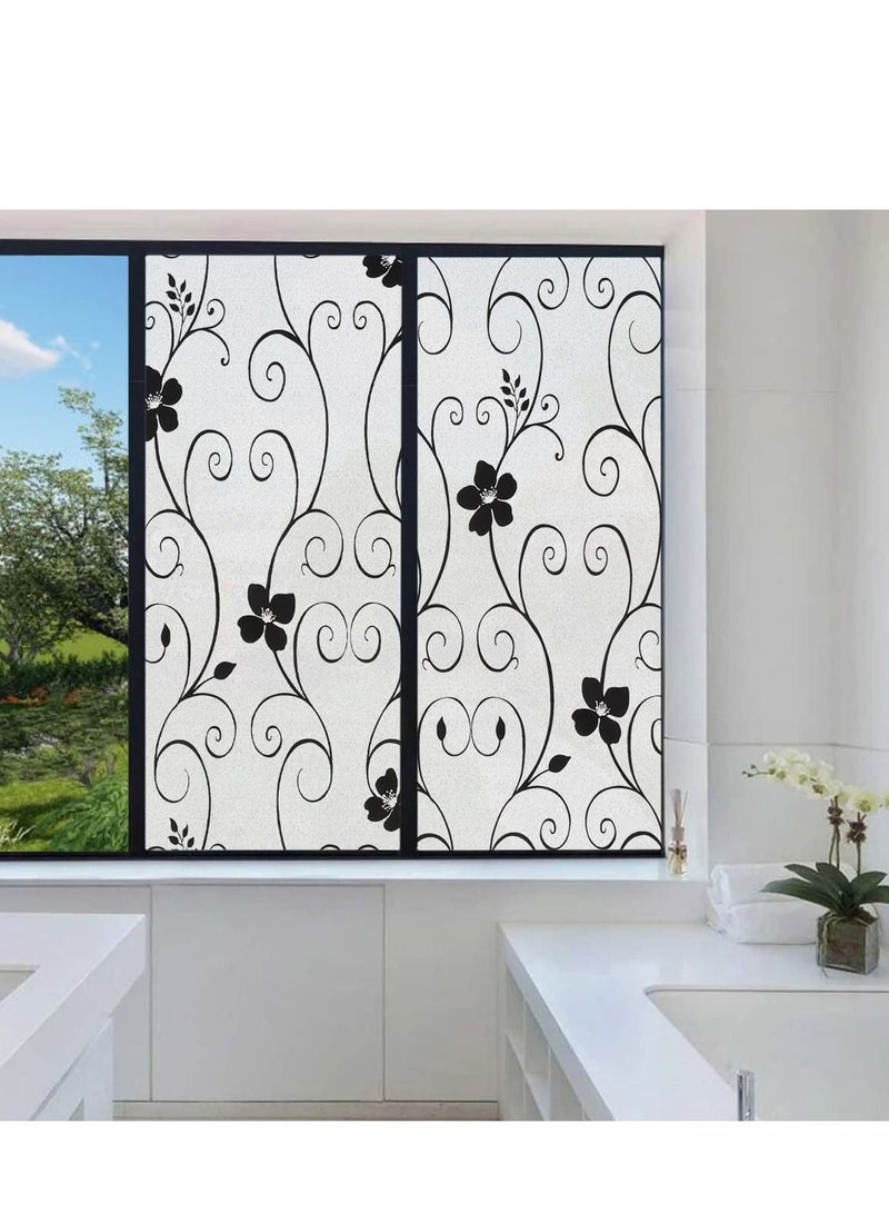 Window Privacy Film Frosted Glass Sun Blocking No Glue Heat Blocker Tinting Static Clings Decorative Stickers Home Bathroom Bedroom Door Coverings, Black Flower(45x 200cm)