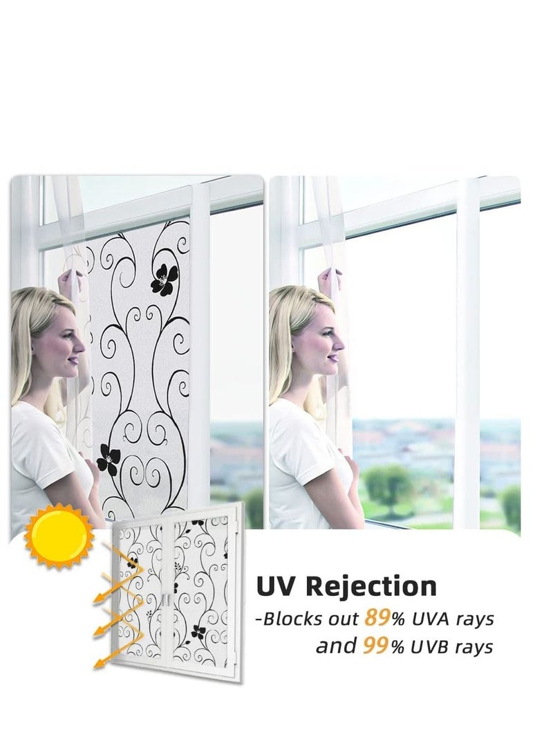 Window Privacy Film Frosted Glass Sun Blocking No Glue Heat Blocker Tinting Static Clings Decorative Stickers Home Bathroom Bedroom Door Coverings, Black Flower(45x 200cm)