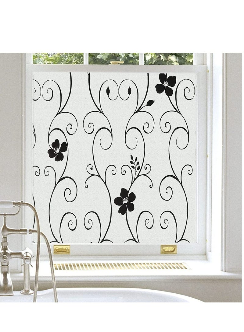 Window Privacy Film Frosted Glass Sun Blocking No Glue Heat Blocker Tinting Static Clings Decorative Stickers Home Bathroom Bedroom Door Coverings, Black Flower(45x 200cm)