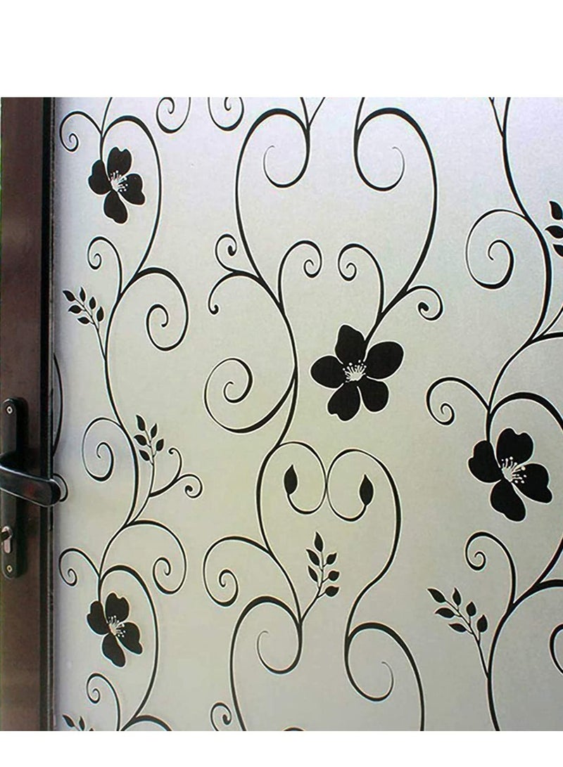 Window Privacy Film Frosted Glass Sun Blocking No Glue Heat Blocker Tinting Static Clings Decorative Stickers Home Bathroom Bedroom Door Coverings, Black Flower(45x 200cm)